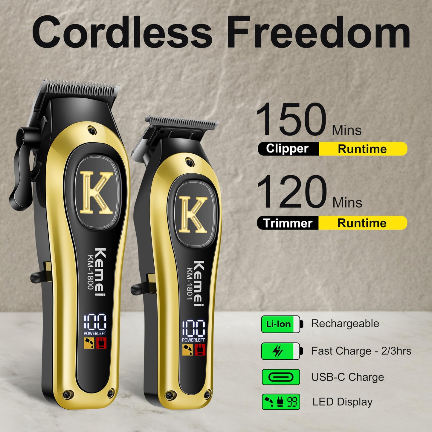 KEMEI Professional Clippers and Trimmers Set, Cordless Hair Clippers Trimmers for Men, Rechargeable Barber Hair Cutting Kit