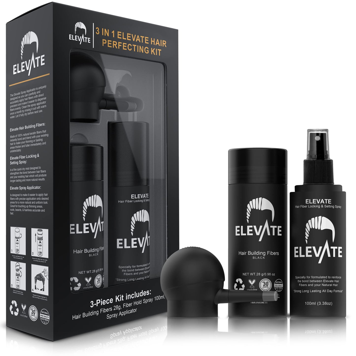 ELEVATE Hair Perfecting 3-in-1 Kit Includes Natural Hair Thickening Fibers & Spray Applicator Pump Nozzle & Locking Setting Hold Spray | Instantly Conceal Balding and Thinning Areas (Black)