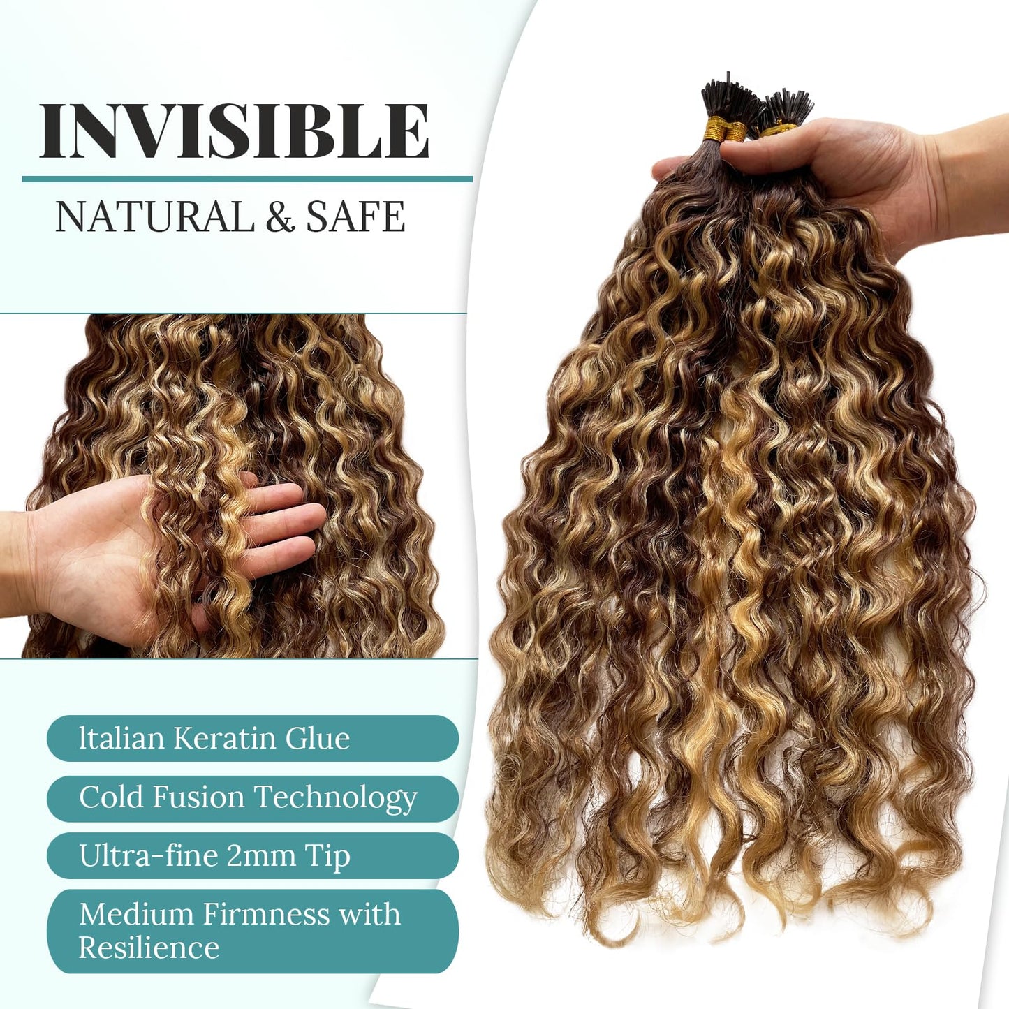 I Tip Human Hair Extensions 14inch 100 Strand 50G, Water Wave I Tips Hair Extensions Real Human Hair for Women Ombre Blonde Extensions I Tips Camel Brown Microlinks Cold Fusion I Tip Human Hair