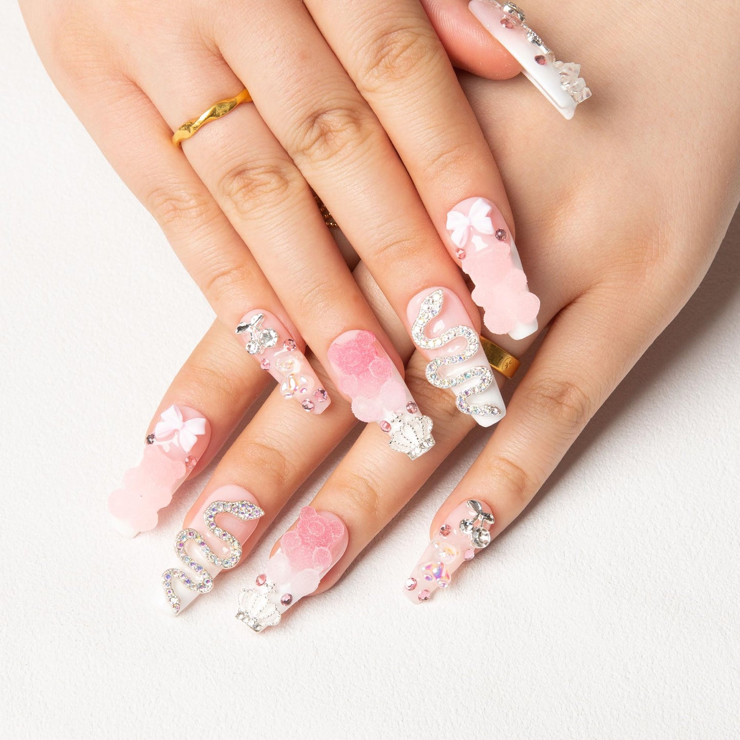 LOVFUL Press on Nails Marshmallo Gummy Bear Square | Handmade with Full Covered Crystals | Reusable Fake Nails | Coffin Classic Regular 1.3 in | H26-L