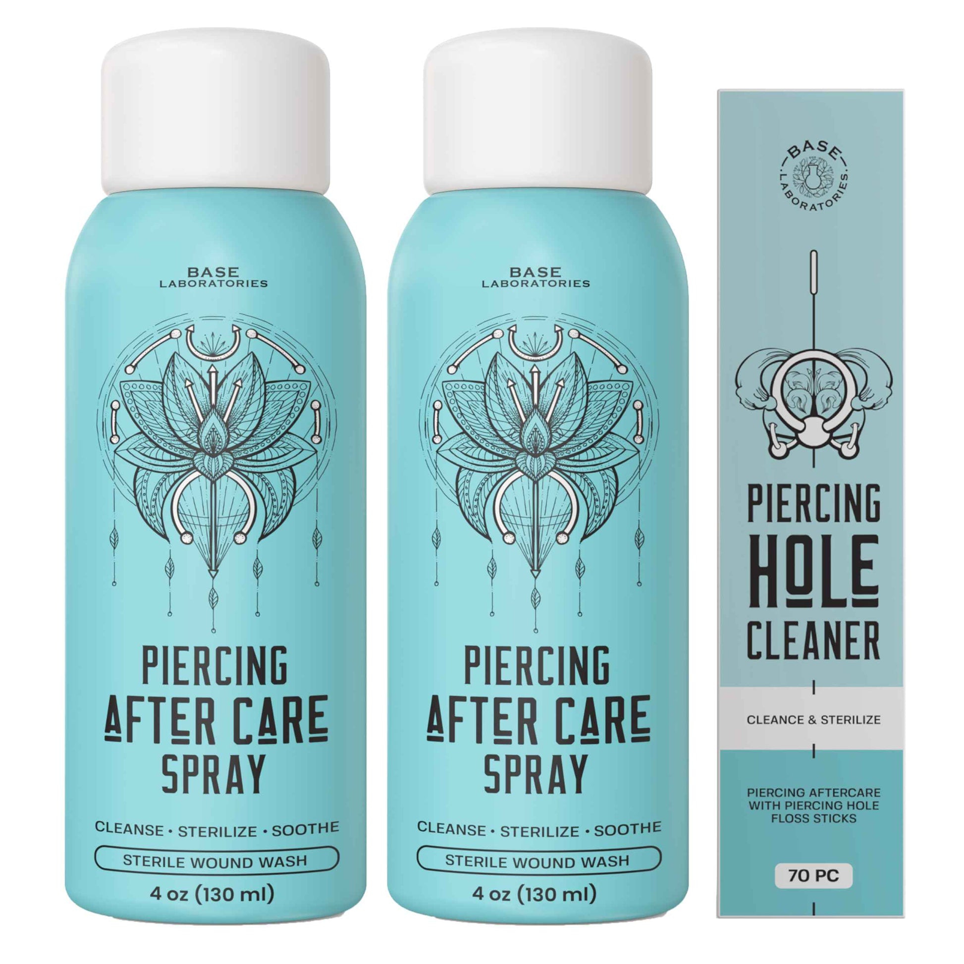 BASE LABORATORIES Piercing Aftercare Spray 4oz | Saline Spray for Piercings | Ear Piercing Cleaner | Saline Solution for Piercings | Keloid Bump Removal for Ears, Belly Nose Piercings - 2PK