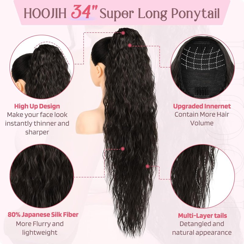 Ponytail Extension - 34 Inch Extra Long Wavy Drawstring Hairpiece | Soft Synthetic Fiber in Black Brown