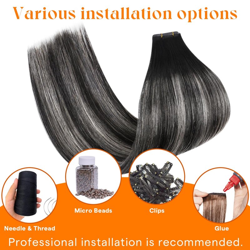 Sunny Hair 70G Seamless Genius Sew in Hair Extensions Hand Tied Weft Salt and Pepper Hair Extensions Natural Black Ombre Silver Grey Long Silky Straight All-Day Wear 20 Inch