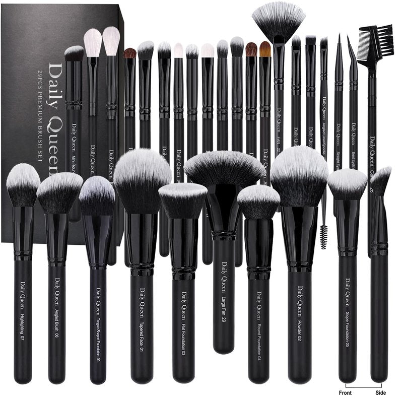 Daily Queen 29pcs Black Professional Makeup Brush Set Kabuki Powder Concealers Eye shadows Blush Eyeliner Eyebrow Contour Eye blending Brushes (29pcs brush +barrel+brush cleaner+face cleaner)