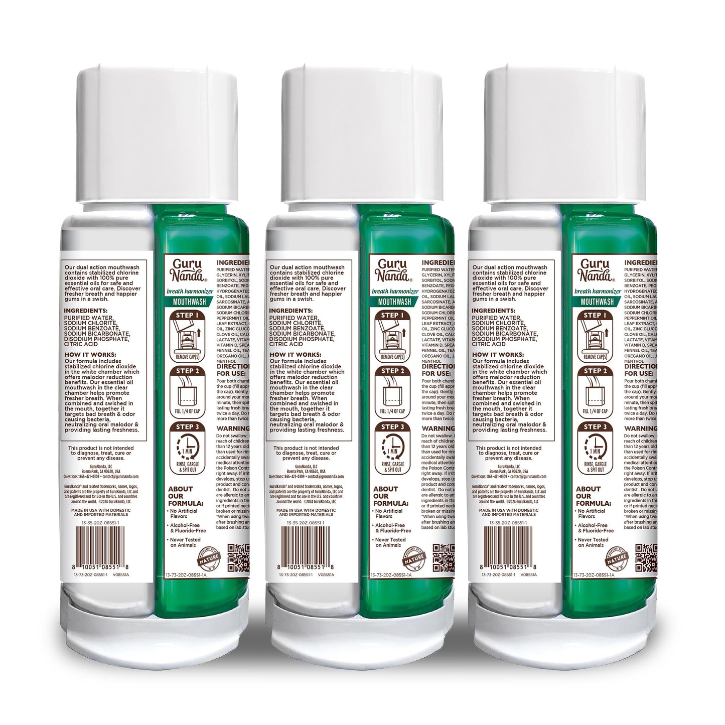 GuruNanda Dual Barrel Breath Harmonizer Mouthwash - Freshens Breath - Alcohol & Fluoride Free with Sodium Chlorite & Essential Oils - Wild Mint Flavor, 3 Pack