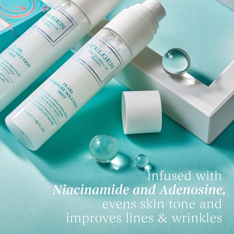 CELGEN Pearl Moisture Solution Mist – Ultra Fine 3-in-1 Setting Spray with Niacinamide and Pearl Extract, Glow Makeup Primer for Dry Skin, Lightweight Hydrating Facial Toner (4.9 fl oz)