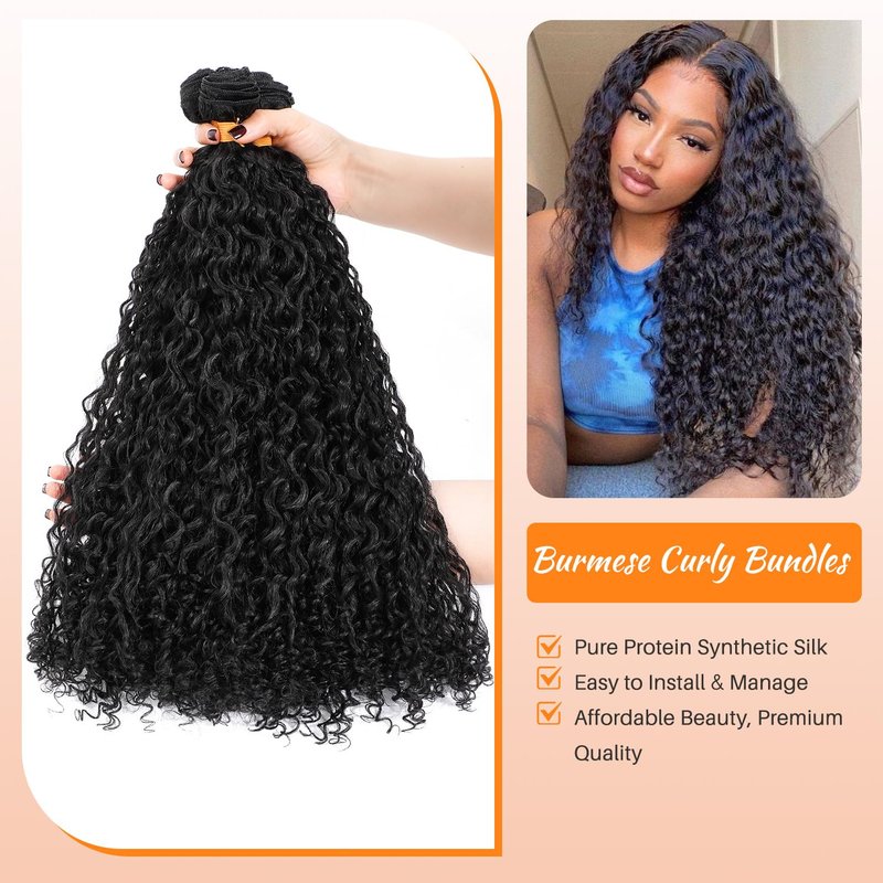 Ms Taj Burmese Curly Hair Bundles 16 18 20 Inch Water Wave with Spiral End Raw Burmese Curly Bundles for Women Protein Synthetic Hair Boast A Human Hair Like Touch for Quick Weave