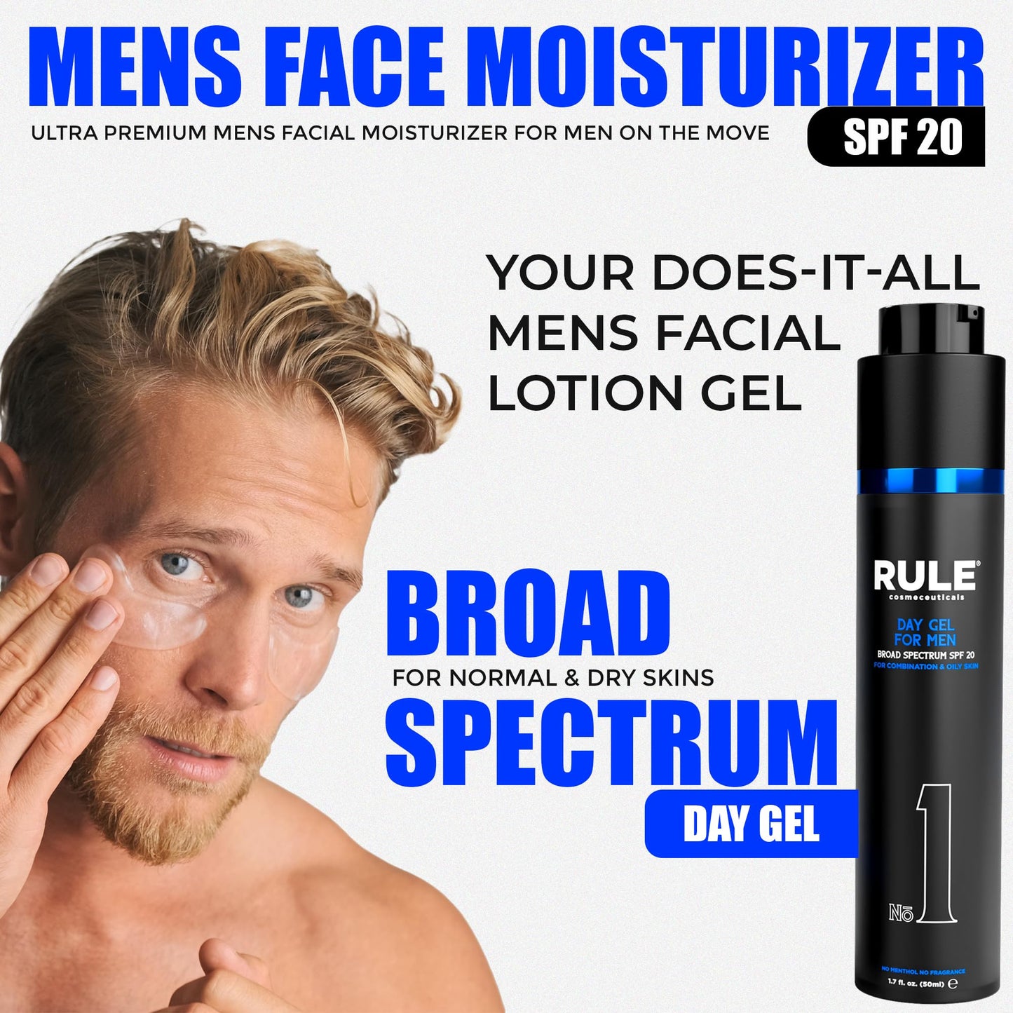 RULE COSMECEUTICALS No.1 Day Gel for Men, 10-in-1 Anti-Aging Face Moisturizer to Reduce Wrinkles, SPF 20, Collagen, Vitamins B, C & E - Combination & Oily Skin - No Menthol, No Fragrance, 50 mL