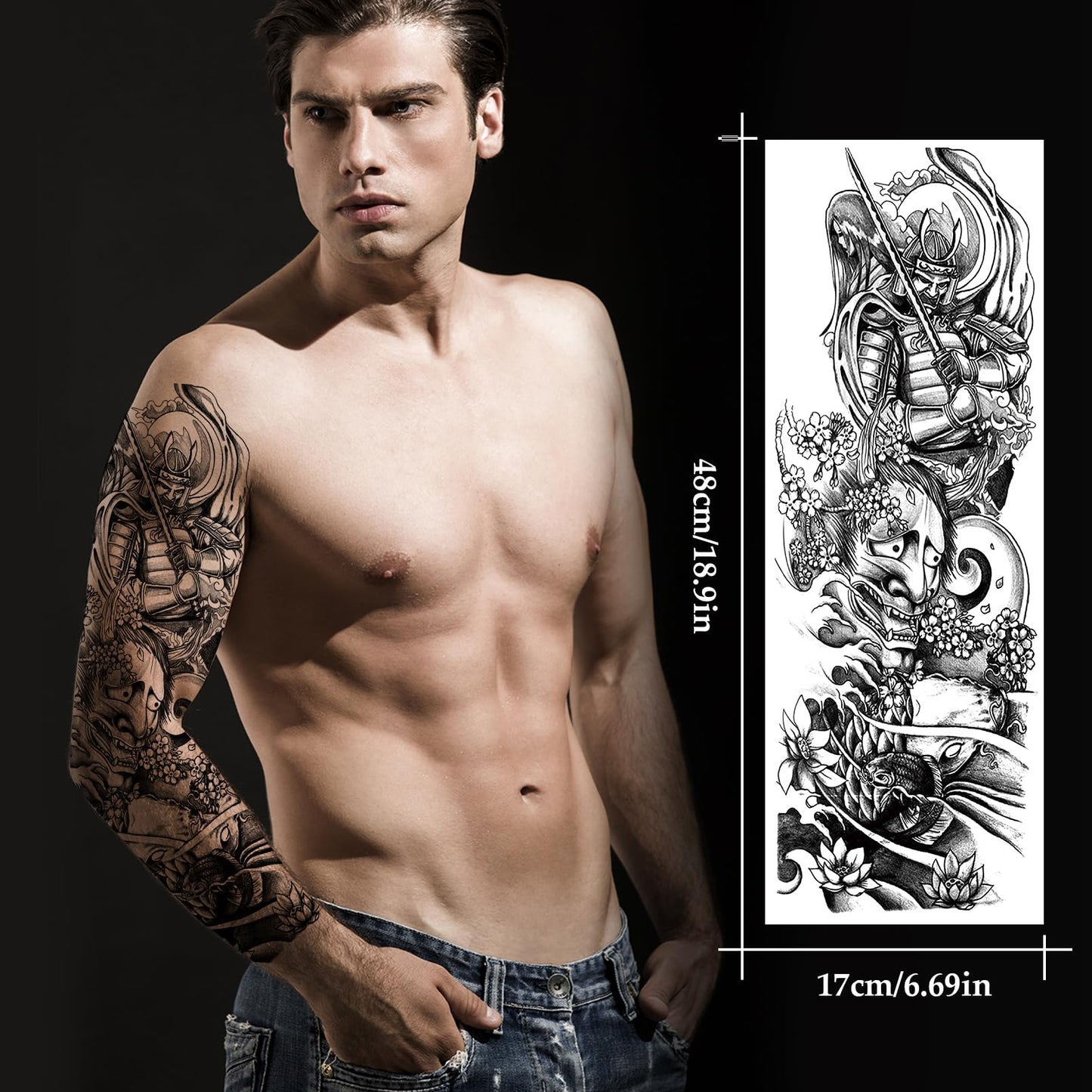 12 Sheets Full Arm Temporary Tattoos Adults, Waterproof Japanese Tiger Samurai Skull Sleeve Tattoos, KOI Dragon Lotus Fake Tattoo Kits for Cosplay BBQ Pool Beach Party