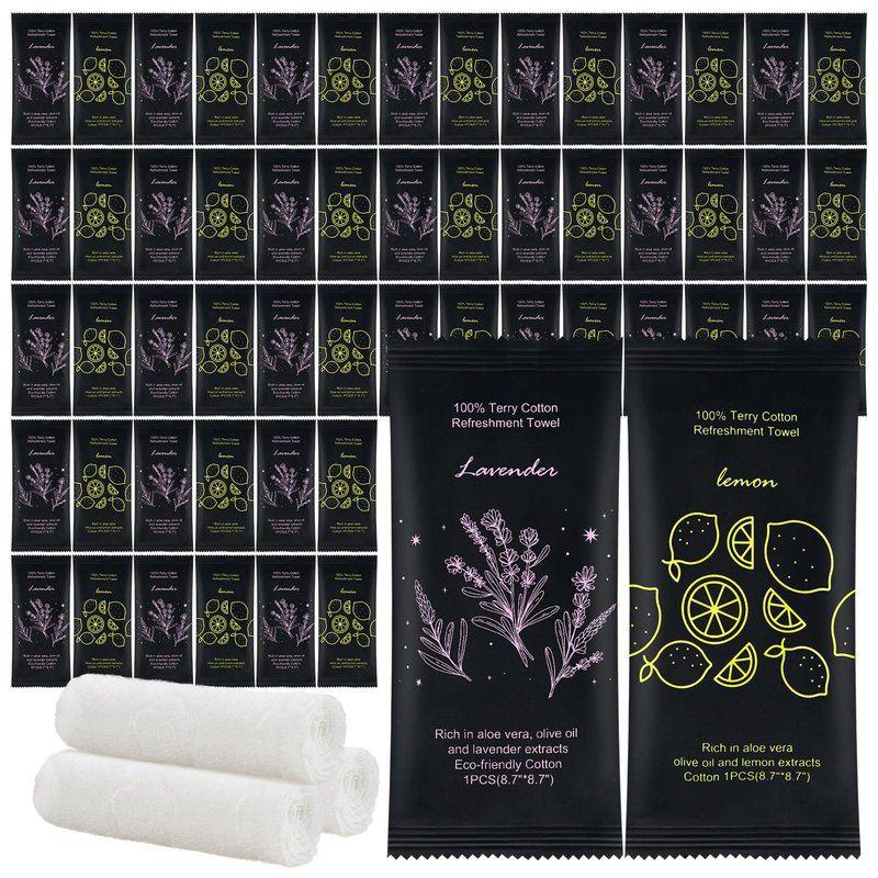 Moist Cotton Towel Bulk Moist Towelettes Individually Wrapped 8.7" x 8.7",White Towel Services,Refreshment Pre Moistened Towels Lavender and Lemon Scent for Travel Sport Party Spa Dentist Hote100