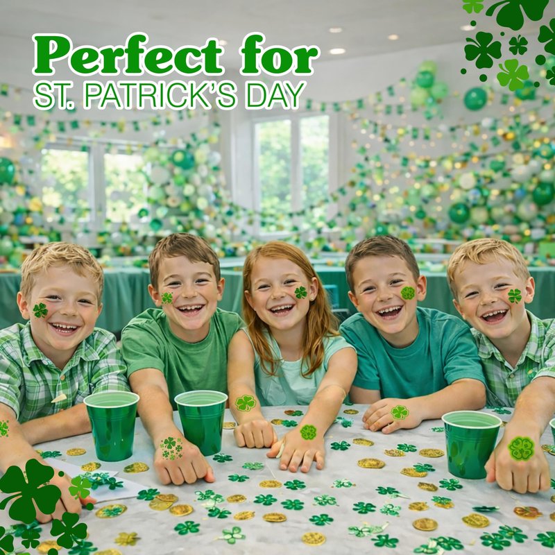 4E's Novelty 72 Shamrock Temporary Tattoos Individually Wrapped Bulk, St Patricks Day Tattoos for Kids, Party Favors for Kids Gifts Adults Face Stickers Saint Pattys Irish Parade Green Accessories