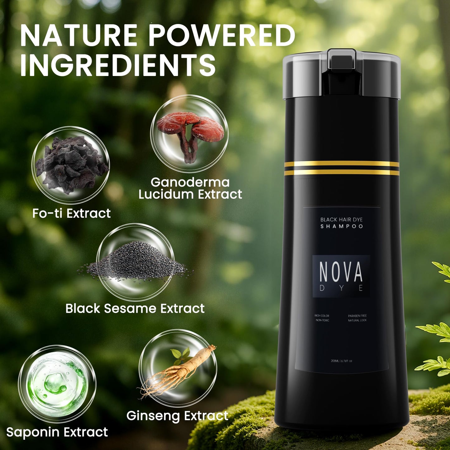 NOVA DYE Black Hair Dye Shampoo 3 in 1, Natural Dye Shampoo for Men & Women, Herbal Ingredient Shampoos for Grey Hairs Coverage