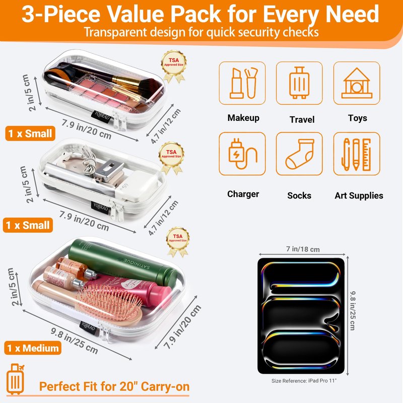 YQBRAO 6 Pack Clear Hard Shell Beauty Organizer (2M+4S), 1.2mm Crush-Proof Cosmetic Case, Reinforced YKK Zippers, Stadium Approved Security Bag for Skincare, Toiletries & Electronics, Multi-Size Set