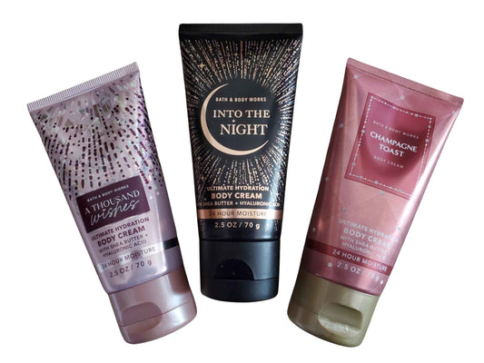 Bath & Body Works Travel Size Ultimate Hydration Body Creams: Thousand Wishes, Into the Night, Champagne Toast 2.5 Ounces Set of 3