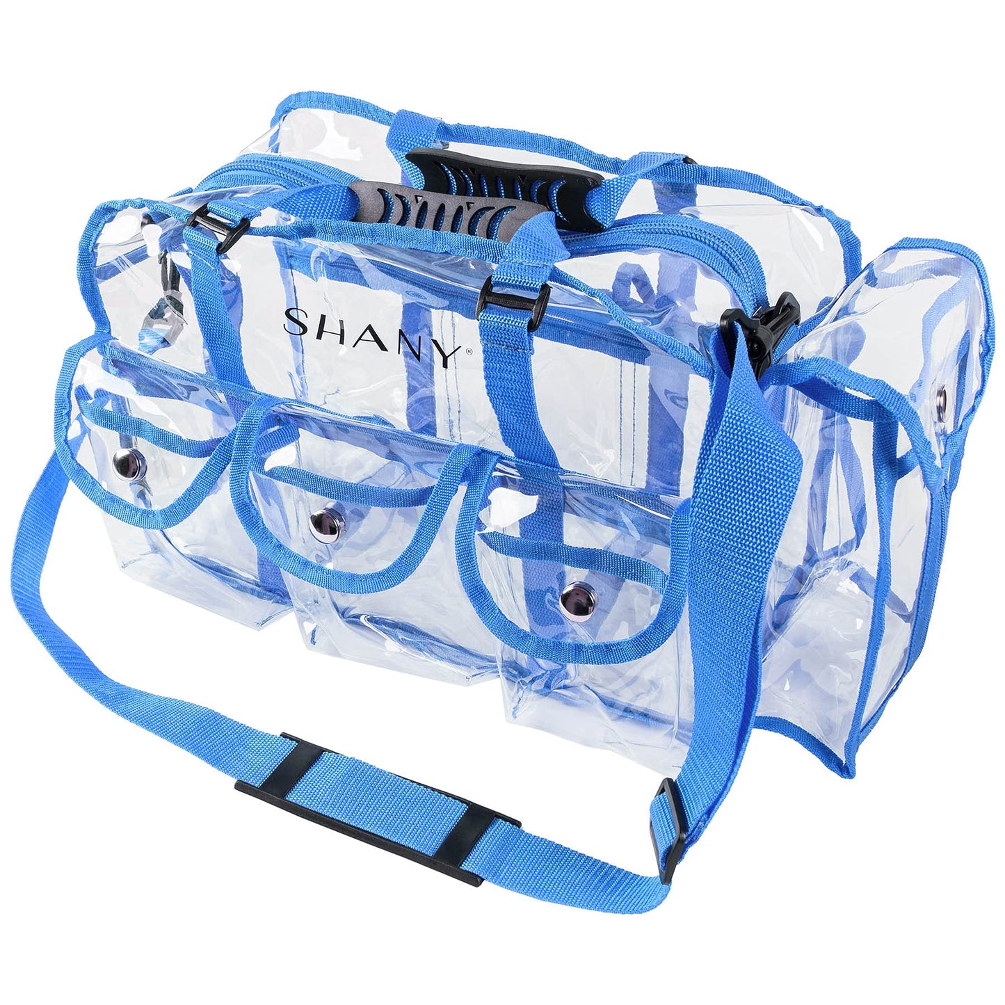 SHANY Cosmetics Shany clear pvc makeup bag - large professional makeup artist rectangular tote with shoulder strap and 5 external pockets - blue, Blue