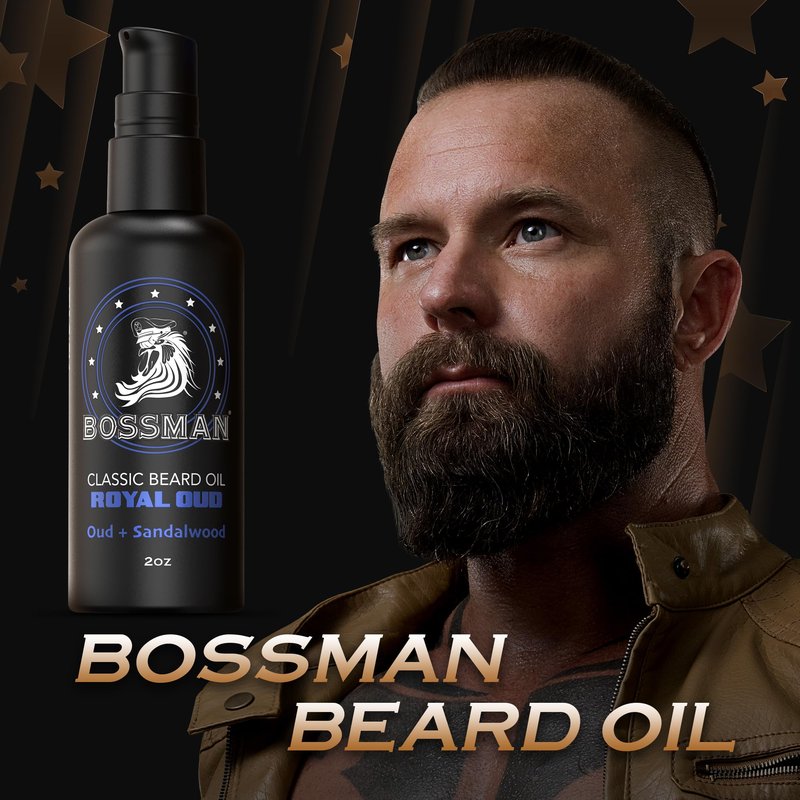 Bossman Organic Mustache & Beard Oil for Men, 2 oz – Natural Beard Moisturizer with Jojoba, Argan & Avocado Oils (Royal Oud Scent)