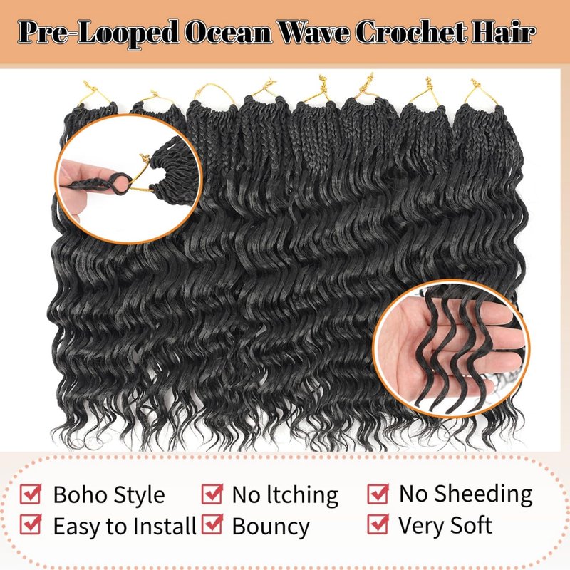 pojui 18 Inch Ocean Wave Crochet Hair 8 Packs - Synthetic Pre-Looped Deep Wavy Curly Braiding Hair for Black Women, Boho Style Hair Extensions (18inch,1B - 8 Packs)
