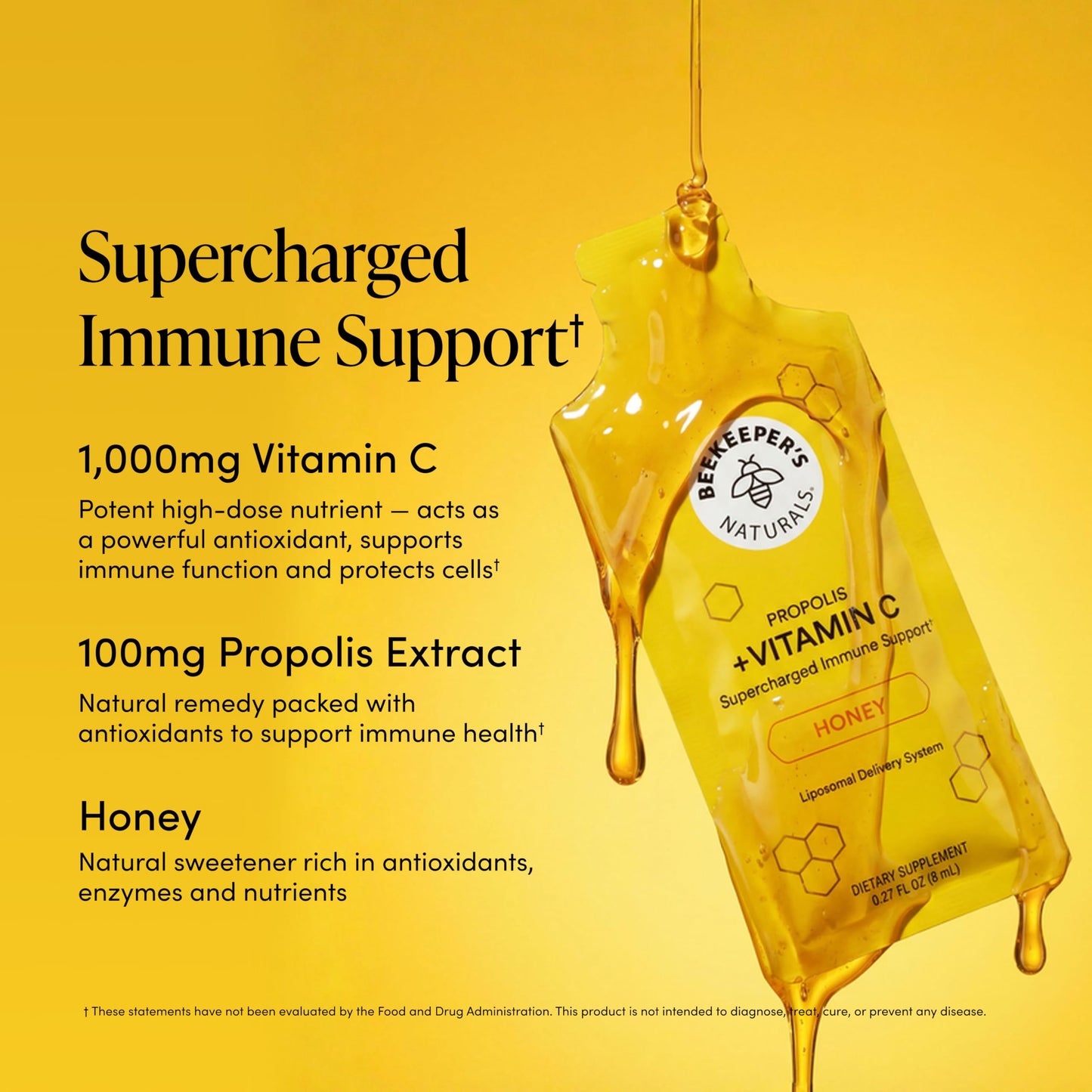 Propolis Liposomal Vitamin C by Beekeeper's Naturals, 1000mg Vitamin C, Propolis & Honey, Supercharged Immune Support & Increased Bioavailibity for Max Absorption, 12 Ct