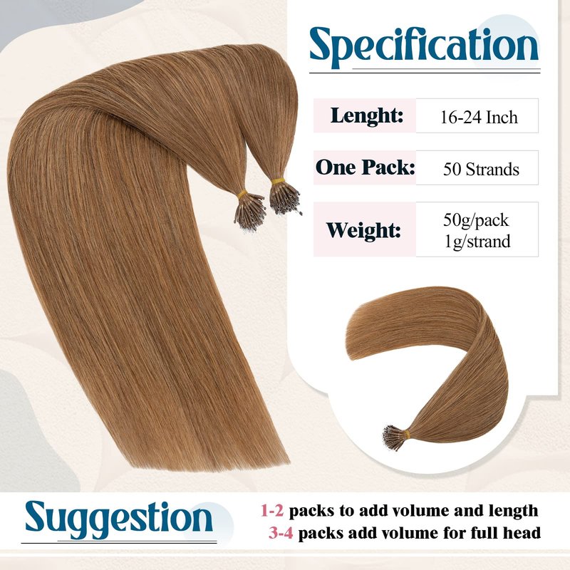 16inch Nano Beads Ring Hair Extensions Human Hair Light Auburn Pre Bonded I Tip Keratin Cold Fusion Stick Tipped Hairpiece Iron Loop Link Straight Micro Bead Remy Hair for Women #30 50g 50strands