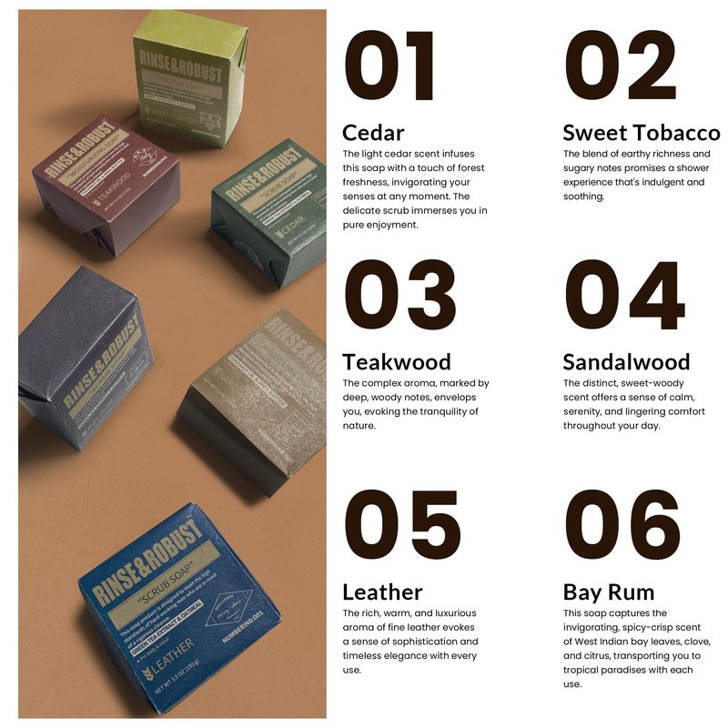 Rinse & Robust Mens Bar Soap 6Pcs Cleansing All Natural Handmade Mens Moisturizing&Exfoliating Oatmeal Scrub Soap Gift for Men Body&Hand All Skin Type|6 Different Scents |5.3 oz of 6 Bars