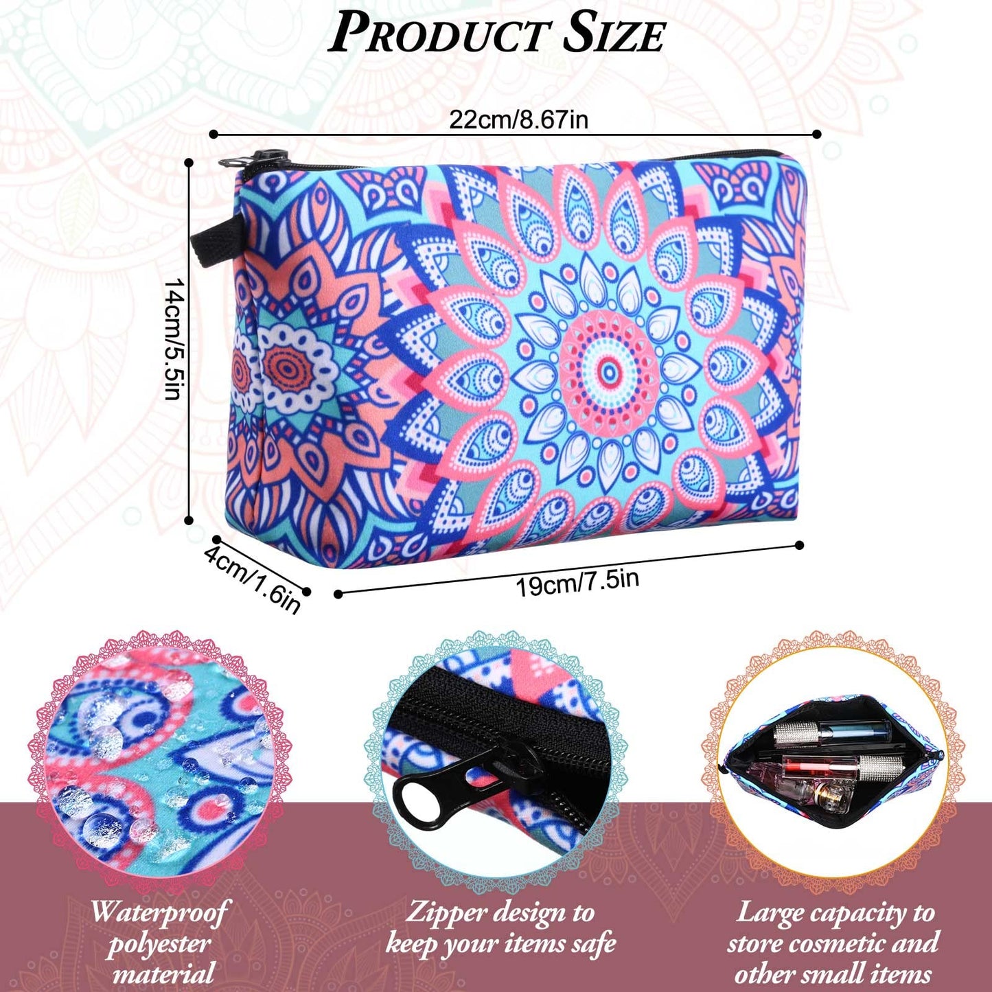 Dunzy 20 Pcs Makeup Bags Bulk Graduation Gift Cosmetic Bag Makeup with Zipper Pouch Waterproof Portable Travel Toiletry for Women Teacher Birthday Thanksgiving Christmas Gifts(Mandala)