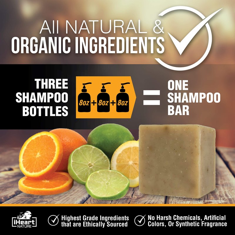 iHeart Nature Organic Shampoo Bar (Packed with Neem Amla Shikakai Hibiscus) Made in USA (Natural Herbal Clarifying Surfactant Free) Ayurvedic Handmade Aromatherapy (Citrus)