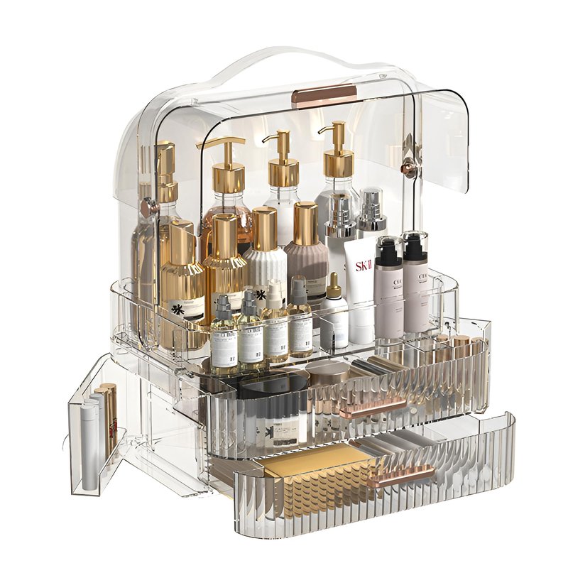 EachDusto Clear Cosmetics Storage Box Transparent Lid Large Makeup Organizer Box Drawers Portable Handle Waterproof Dustproof Skincare Display Cases for Countertop Bathroom Dresser Gift