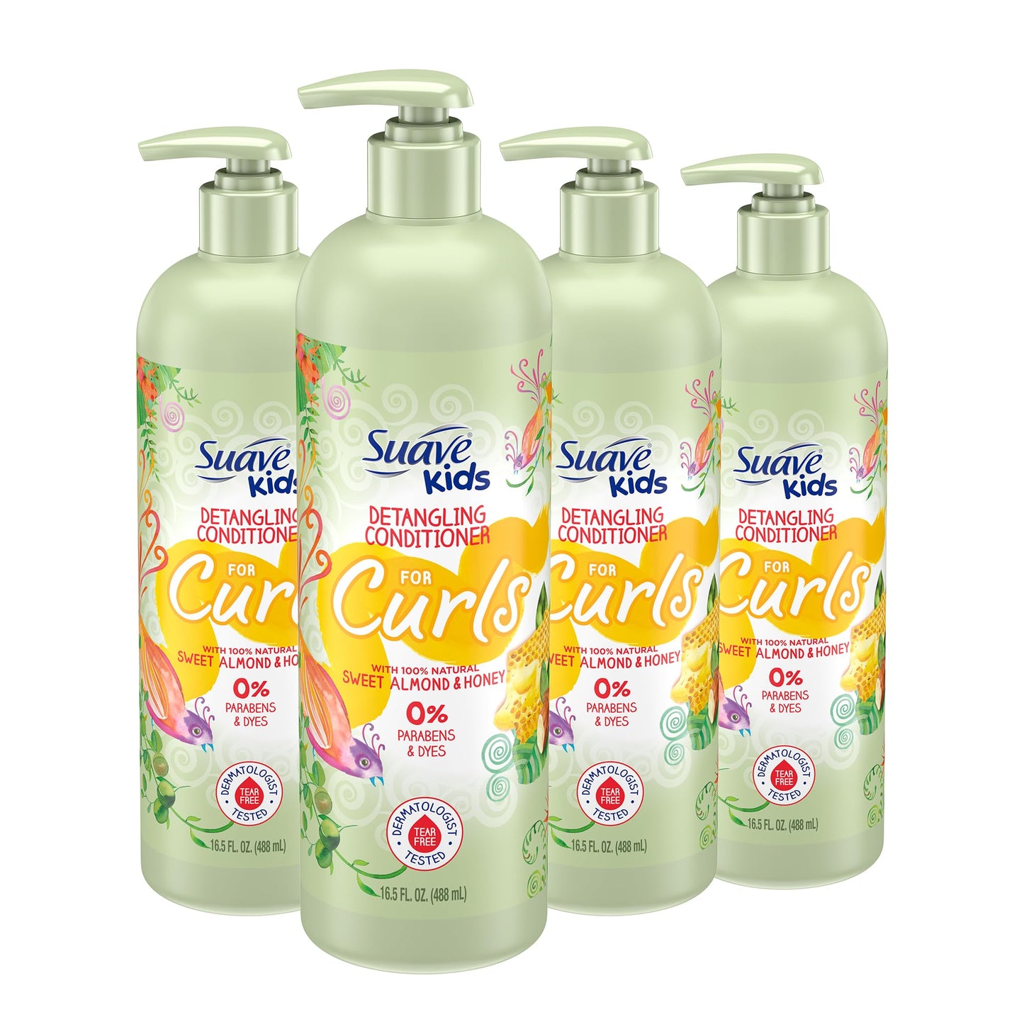 Suave Kids Natural Sweet Almond Honey Curly Hair Detangling Conditioner, Tear Free, No Parabens, No Dyes, 16.5 Oz Pack of 4
