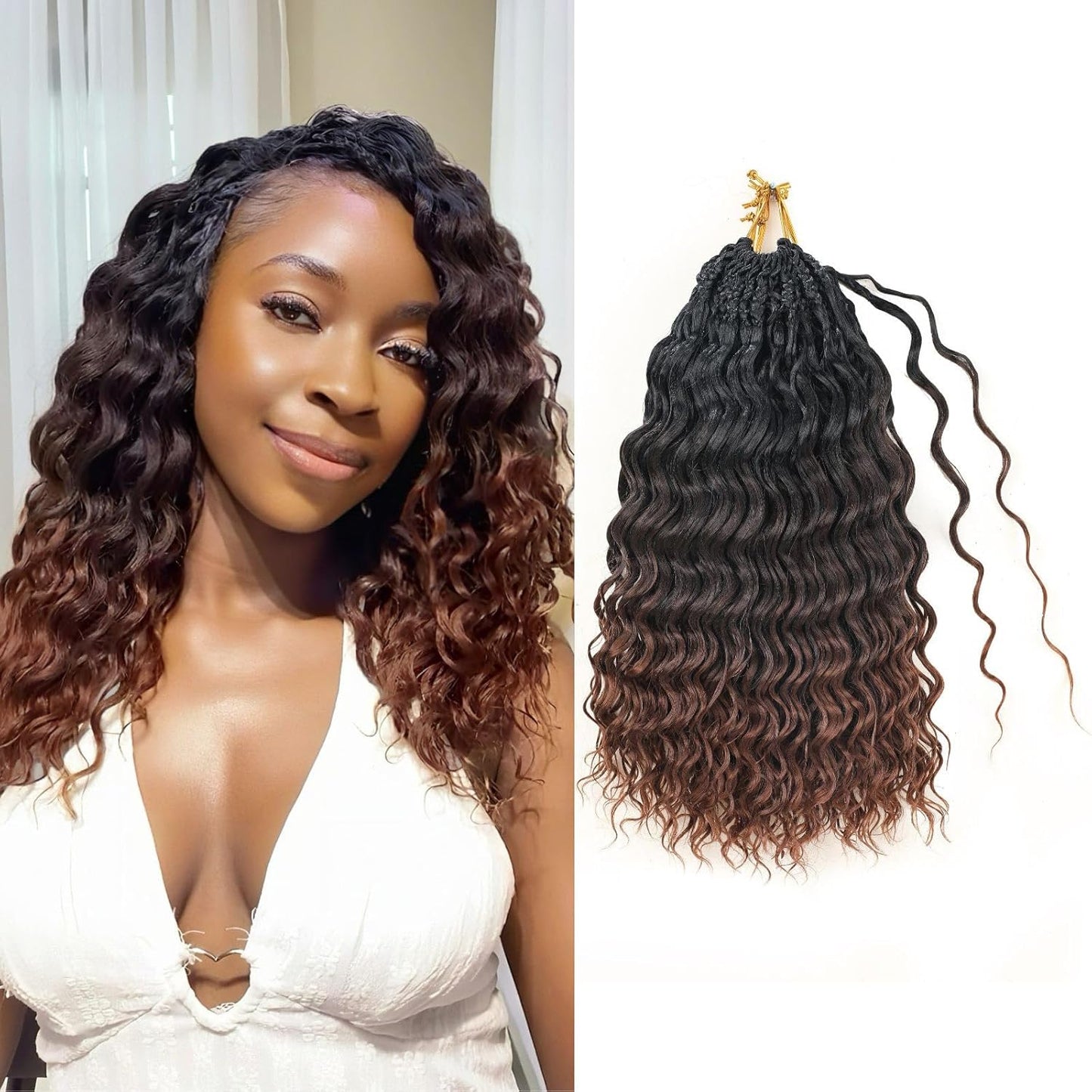 Ocean Wave Crochet Hair - 12 Inch Ombre Brown Auburn Synthetic Pre-Looped Braids | Boho Deep Wave for Black Women