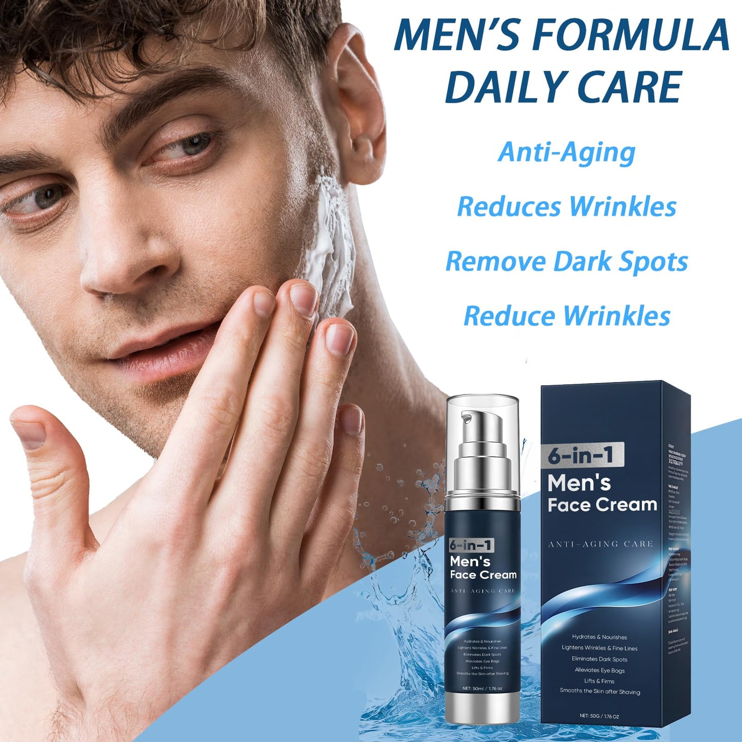 6 in 1 Face Cream for Men – Anti Aging Men’s Moisturizer with Collagen, Hyaluronic Acid and Shea Butter – Daily Skin Care – Reduce the Look of Eye Bags, Dark Circles and Puffiness – 1.76 fl oz (1)