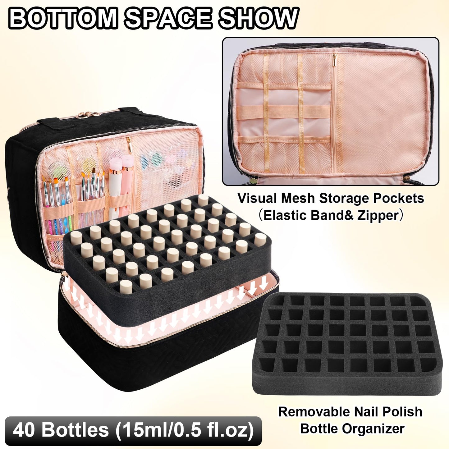 Veirdro Nail Polish Organizer Bag Holds 80 Bottles (15ml/0.5fl.oz)& Nail Lamp, Soft Velvet Nail Kit Storage Carrying Case with Shoulder Strap, Double Layer Nail Supplies Organizer Handbag Women Black