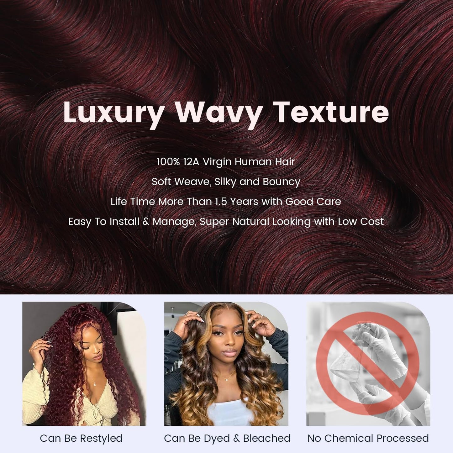 MOMOSHERO Burgundy Body Wave Bundle 14 Inch，12A Soft Real Hair 99j Dark Red Wine Colored Bundles, 100% Brazilian Human Hair Single Bundle Double Weft Hair Extension