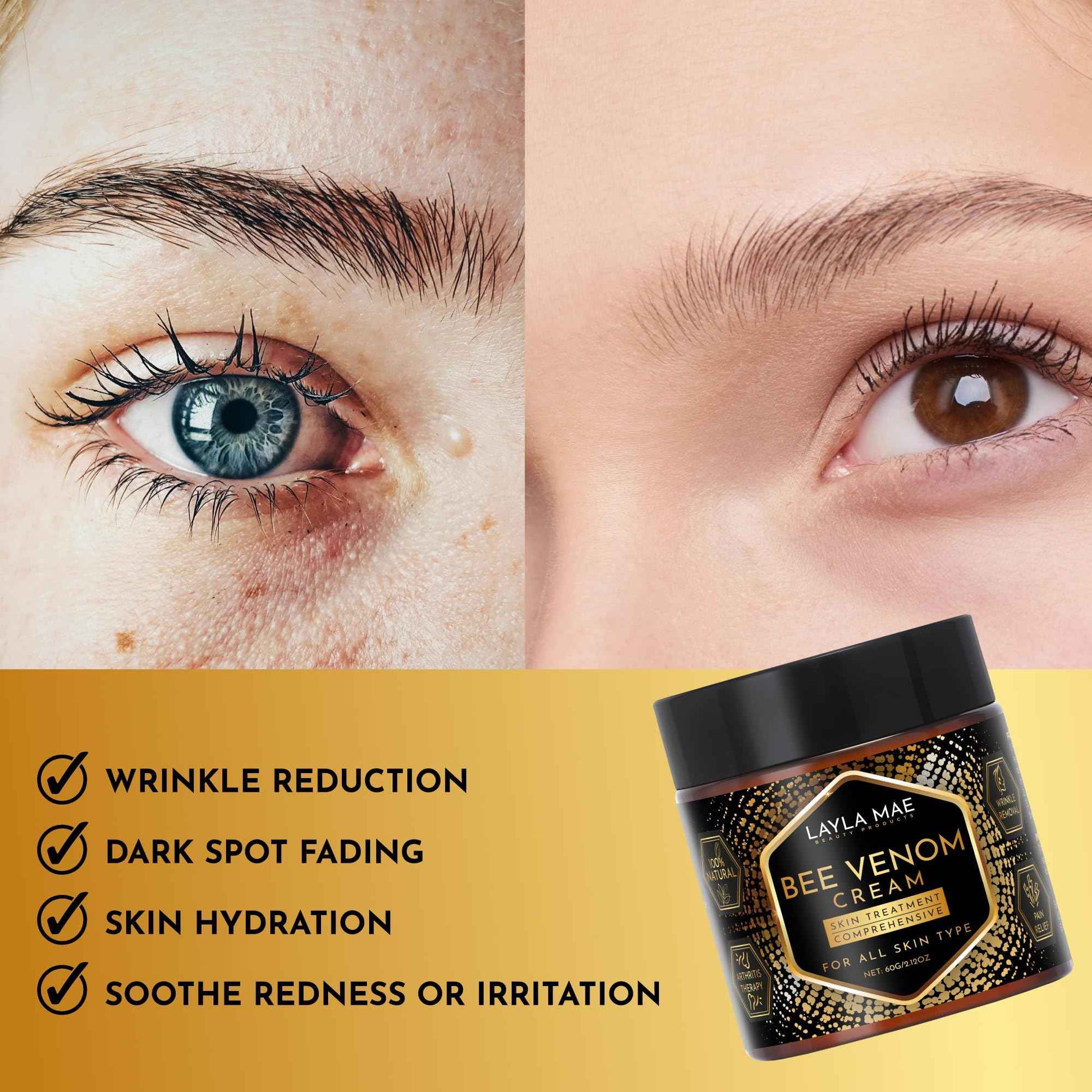 Layla Mae Bee Venom Skin Treatment Cream - Wrinkle Care Face Lift & Firming Muscle & Joint Wellness Body Pain Support Cream - Natural Care for Skin Imperfection