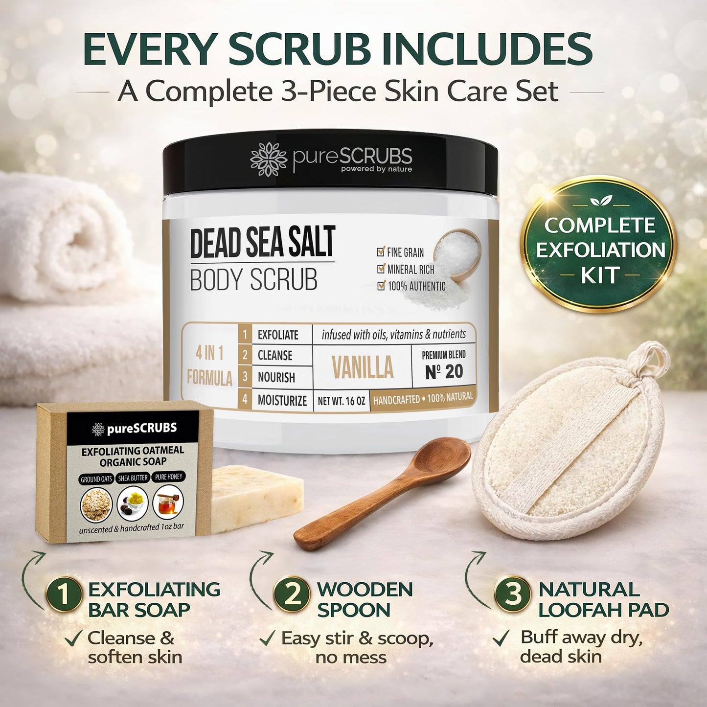 pureSCRUBS Premium Vanilla Body Scrub Set - Large 16oz Dead Sea Salt Body Scrub With Infused Essential Oils & Nutrients, Includes Wooden Spoon, Loofah & Oatmeal Exfoliating Bar Soap