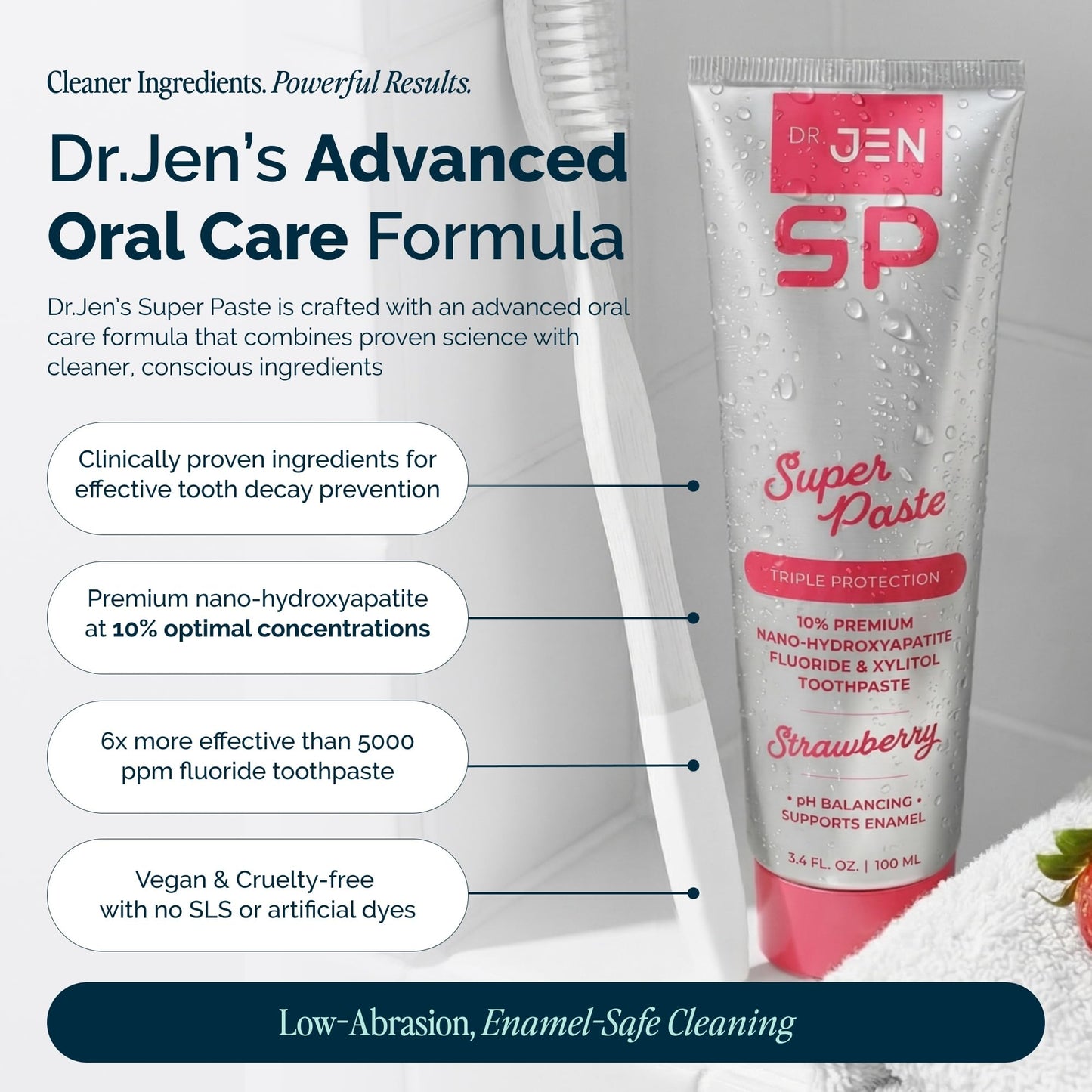 Dr. Jen Super Paste Toothpaste with Fluoride + 10% Premium Nano Hydroxyapatite, Xylitol, Strawberry, SLS Free, Vegan, Dentist Designed, Essential Oils, Fresh Clean Feel, 1 Pack