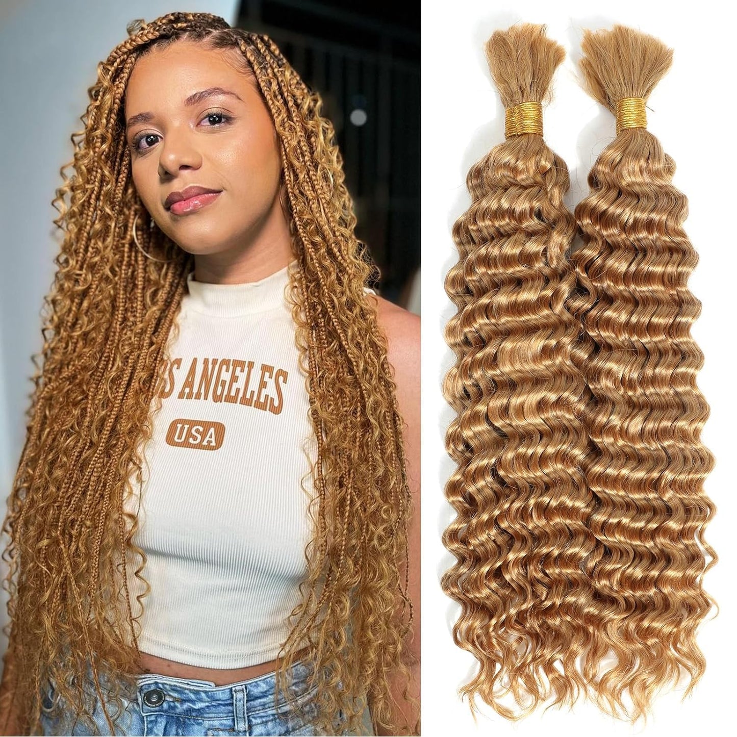 Braiding Hair Ubinica 27# Honey Blonde Deep Wave Bulk Human Hair for Braiding 2 Bundles Total 100g 16 Inch Deep Wave Bulk Braiding Hair for Boho Braids