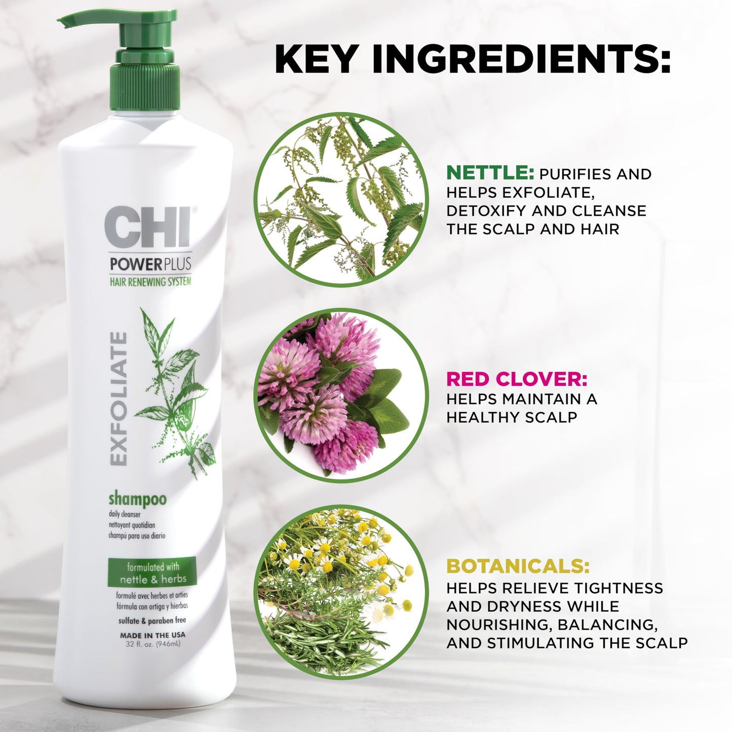 CHI PowerPlus Exfoliating Shampoo, Hair Renewal System For A Healthy Scalp, Delivers Weightless Shine, For Versatile Styling & All Hair Types, 32 Oz