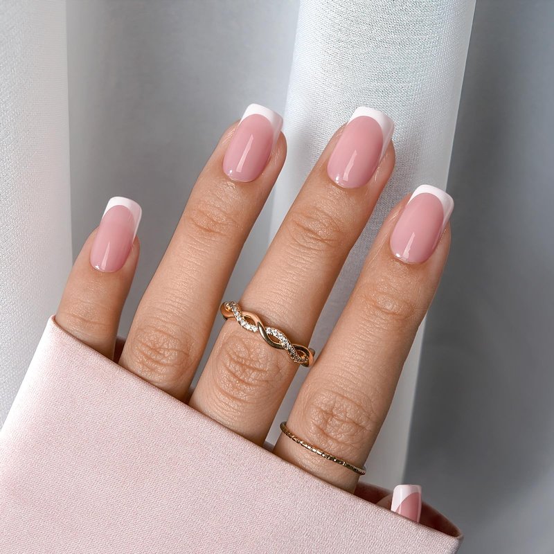 BTArtboxnails XCOATTIPS French Tip Nails - Short Press On Nails, 160 Pcs Pink Square Soft Gel Nail Tips Pre-applied Tip Primer & Base Coat, No Need File False Nails for Gift, 16 Sizes