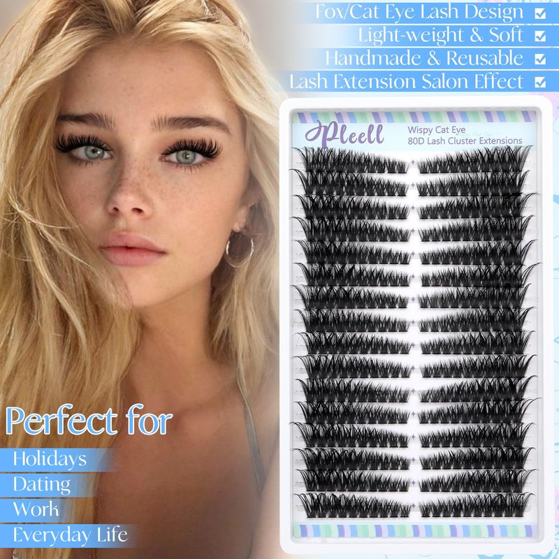 Lash Clusters 320 Pcs Individual Lashes Clusters 7-16 MM Cat Eye Wispy Eyelash Clusters D Curve 80D Cluster Eyelash Extensions Easy DIY Lash Extension at Home