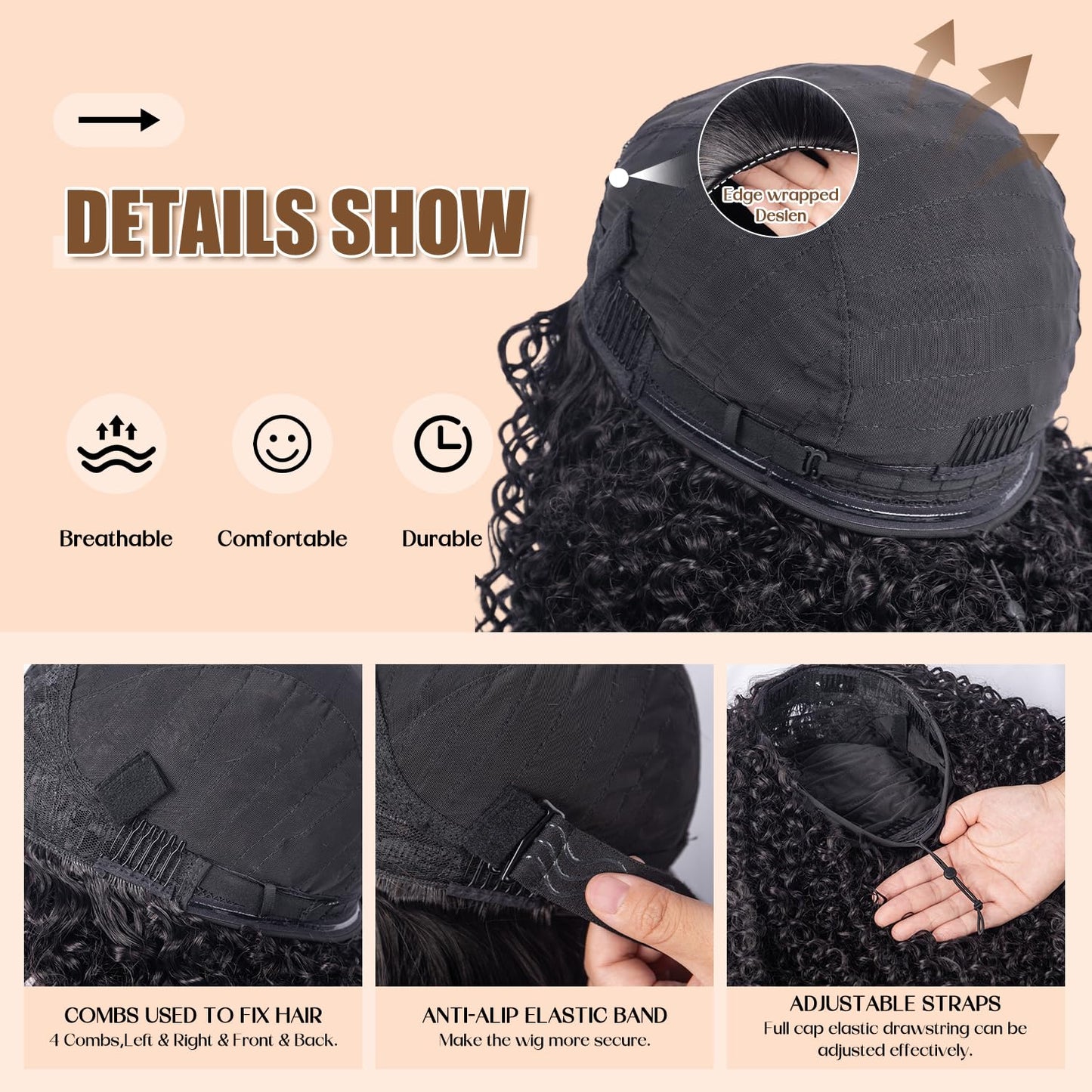 CARA 3 in 1 Half Wig kinky straight/kinky curly, Seamless Flip Over Half Wigs Glueless Wear and Go Beginner Friendly Clip In Hair Drawstring Headband Wig for Women 1B