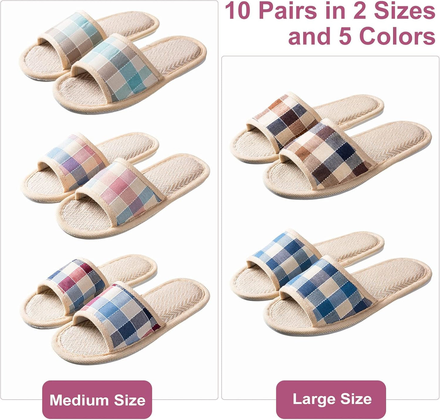 10 Pairs Washable Open Toe House Slippers - Breathable Non-Slip Casual Spa Footwear | 4 Large + 6 Medium Sizes