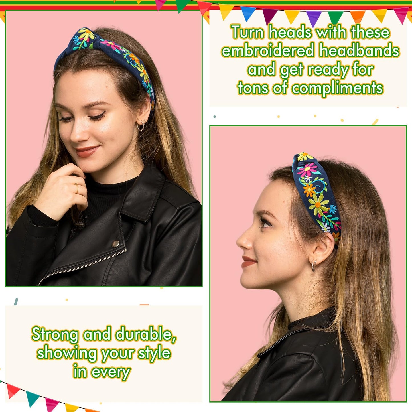 Hoteam 4 Pcs Mexican Embroidery Headband for Women Cinco De Mayo Embroidery Flower Stripe Knotted Wide Headband for Girls Party Gifts Outfit, Day of the Dead, Mexican Independence Day(Flower)