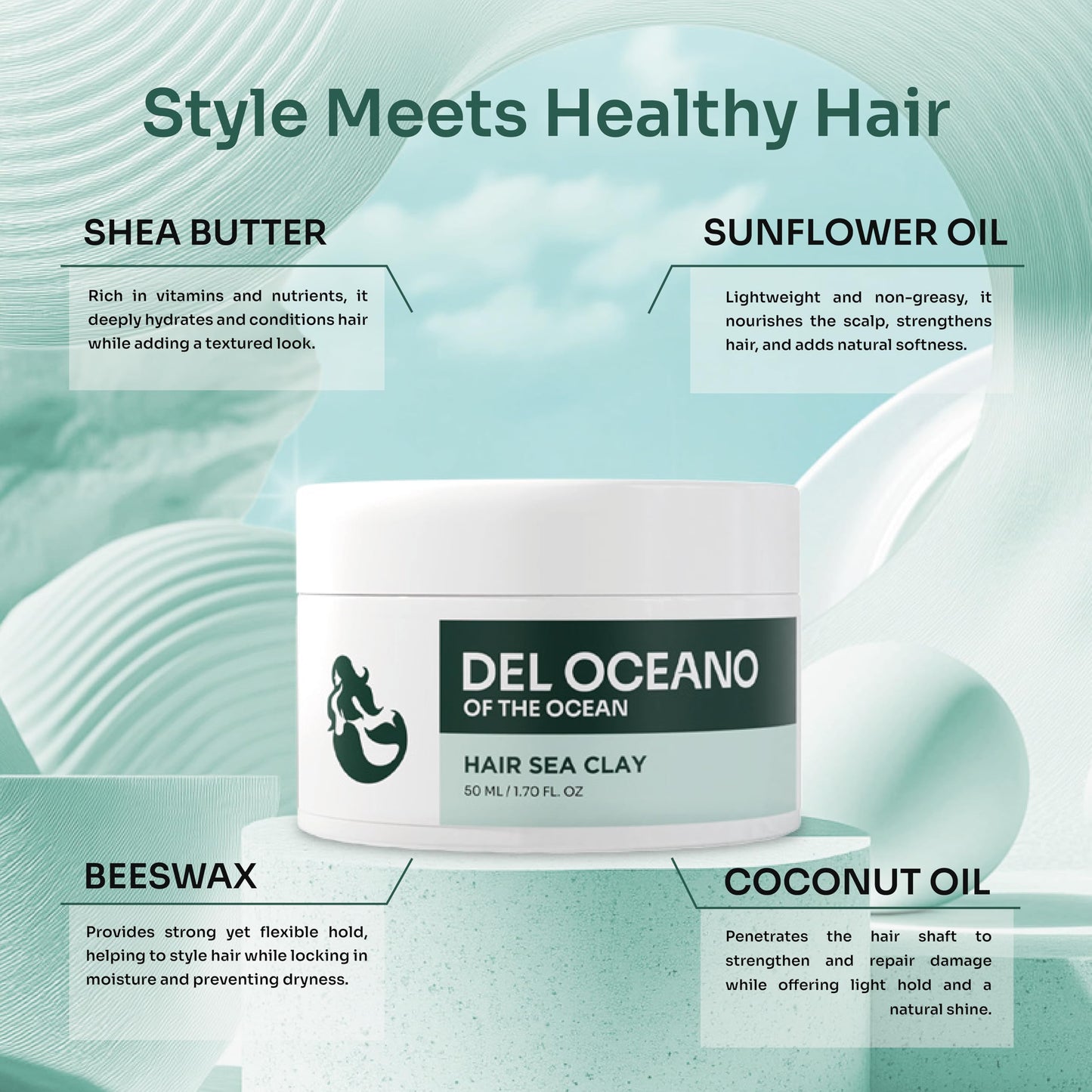 Del Océano Hair Styling Sea Clay - Strong Hold, Matte Finish, Nourishing Formula Hair Clay for Men, Ideal for Hairstyling Medium, Messy, Fine Thinning Hair Styles, 2.7 oz