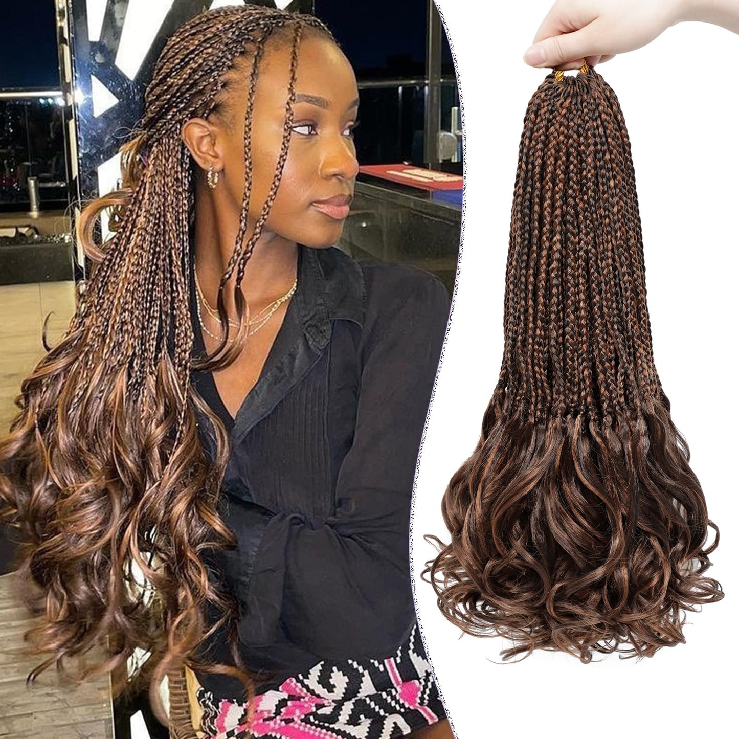 WOKAA French Curly Braiding Hair Pre looped 18 Inch 8 Packs Crochet Hair for Women Dark Brown mix Brown Crochet Box Braids with Curly Ends Synthetic Hair Extensions P4/30#