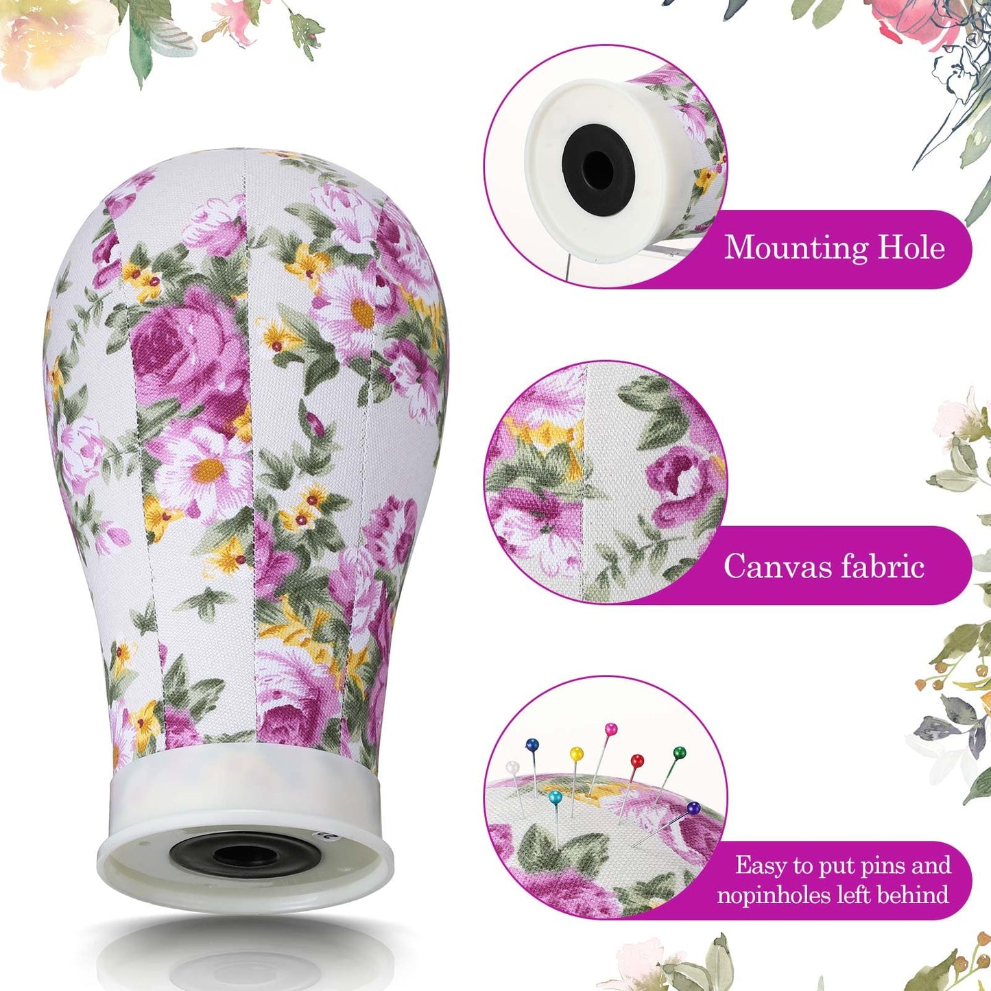 DoubleFill 2-Piece Mannequin Heads for Wigs - 22 Inch Canvas Wig Heads with Mount Hole Pins & 2 C Clamp Stand Holder for Lace Wig Making & Display (Floral)