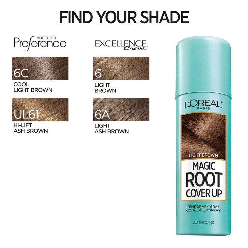 L'Oreal Paris Magic Root Cover Up - Gray Hair Spray for 100% Coverage | Ammonia-Free, Lightweight, Light Brown, 2 oz (2 Count)