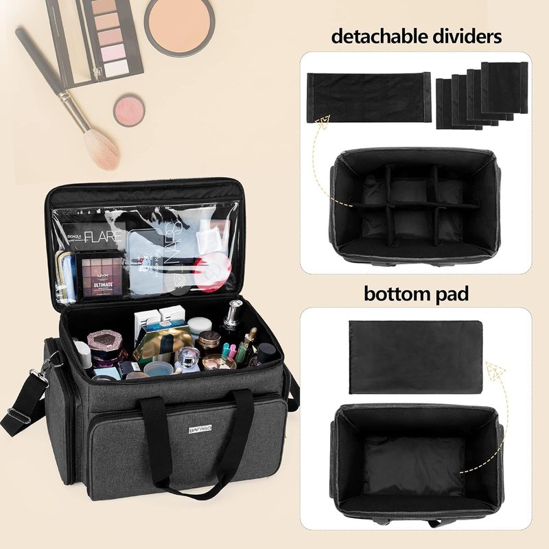 Large Cosmetic Bag - Makeup Organizer with Adjustable Dividers | Travel Case for Cosmetics & Hair Supplies - Black