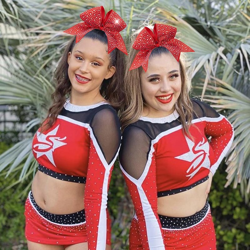 Rhinestone Cheer Bows - 10PCS Red Glitter Hair Bows for Girls | Large Elastic Ponytail Holders for Cheerleading & School Spirit