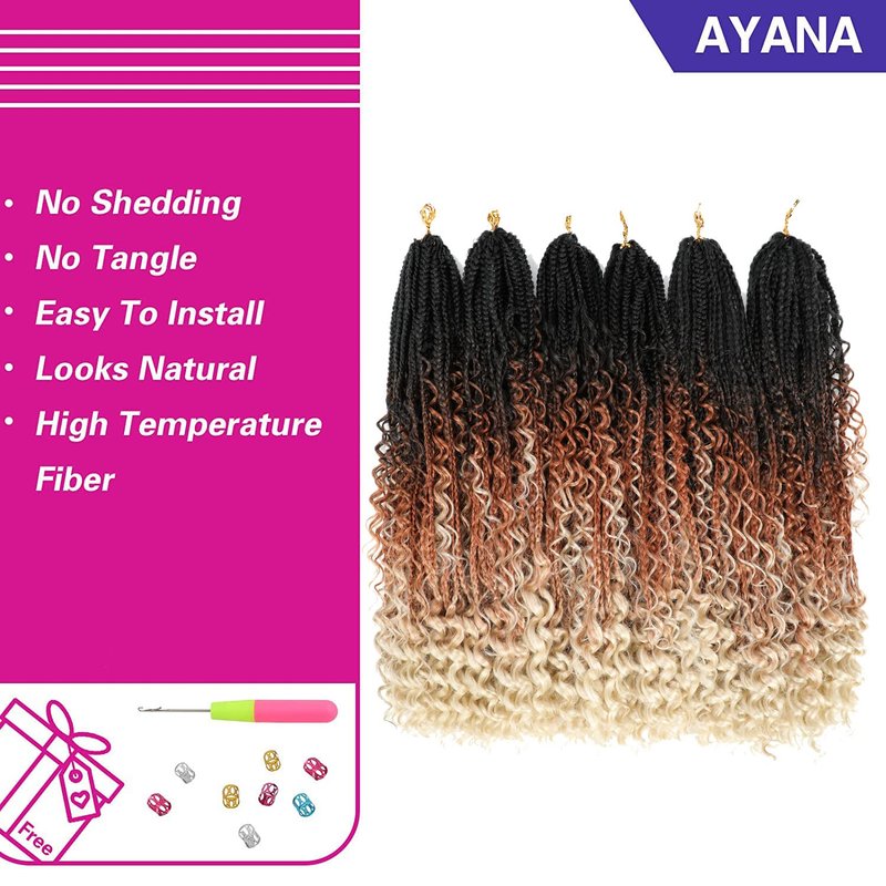 Goddess Crochet Box Braids Curly Ends 144 Strands 22 Inch Bohomian Goddess Box Braids Crochet Hair Synthetic Crochet Braids Hair Extensions(22 Inch,1B/30/27)