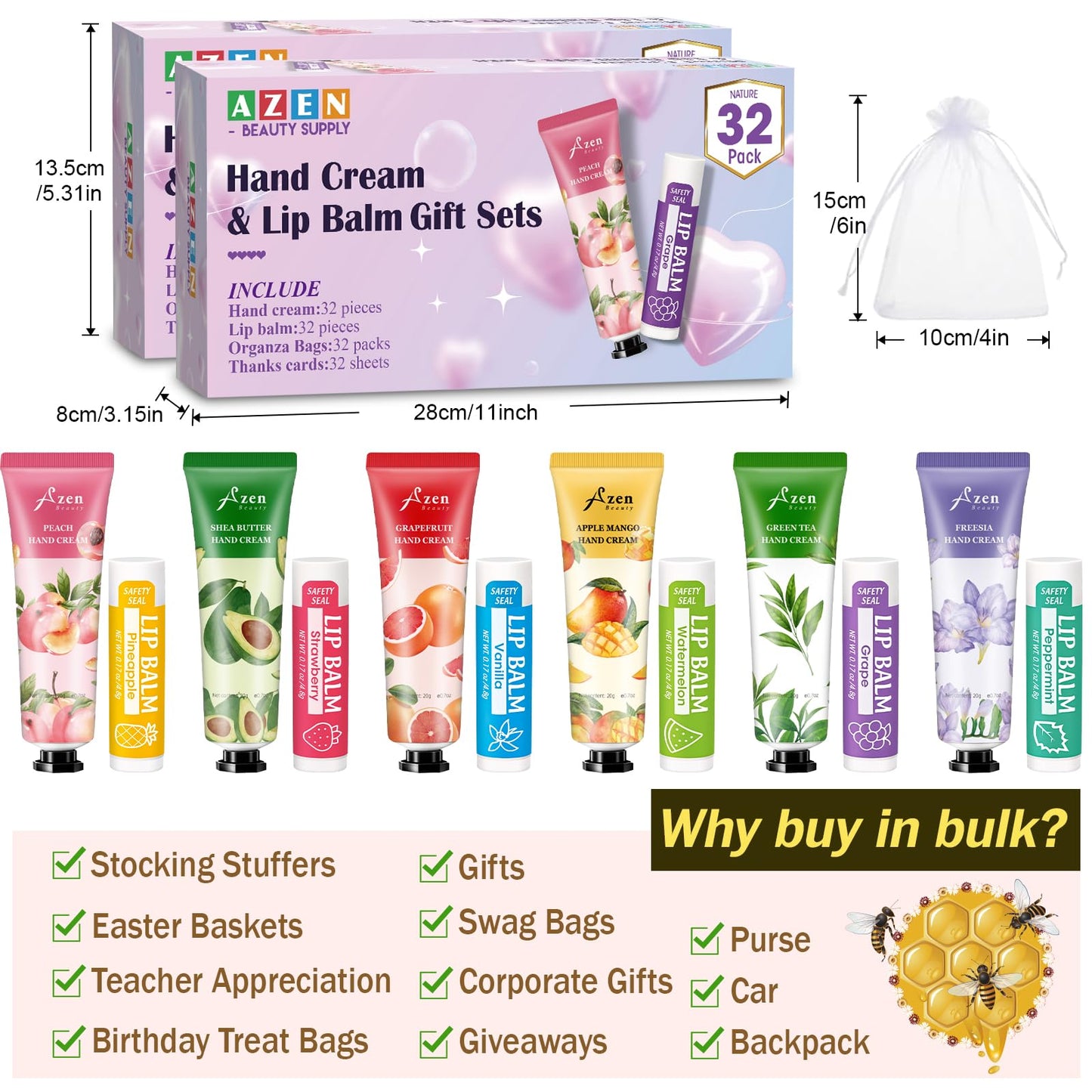 AZEN 64 Sets Bulk Gifts, Hand Cream and Lip Balm Bulk Set with Organza Bag Thank You Card, Baby Shower Wedding Gifts for Guests, Bridal Wedding Favors, Valentines Gift for Women